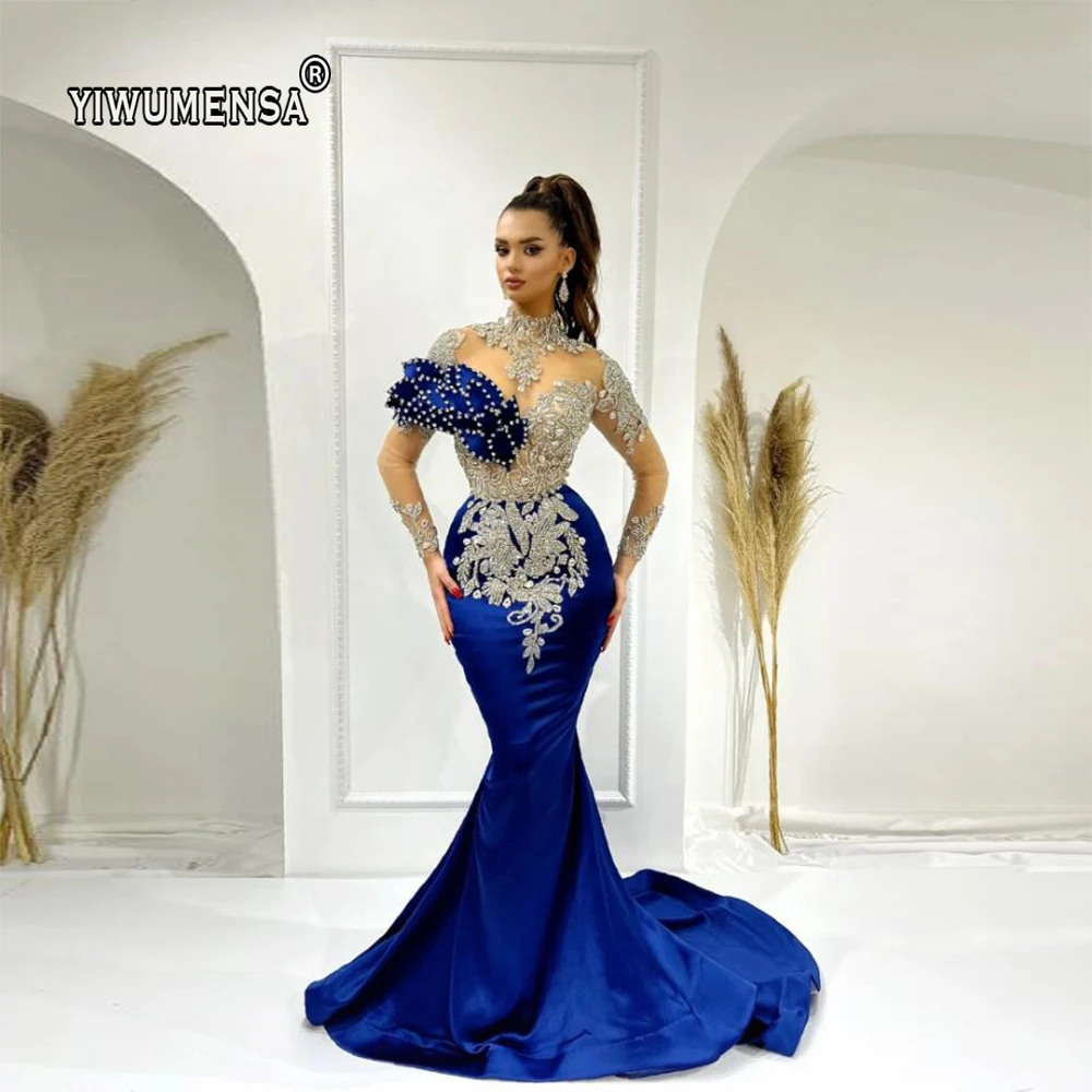 

Royal Blue Mermaid Prom Dresses Heavy Beading Arabic Dubai Evening Party Gowns For Wedding Pageant High Neck Vestidos De Noche