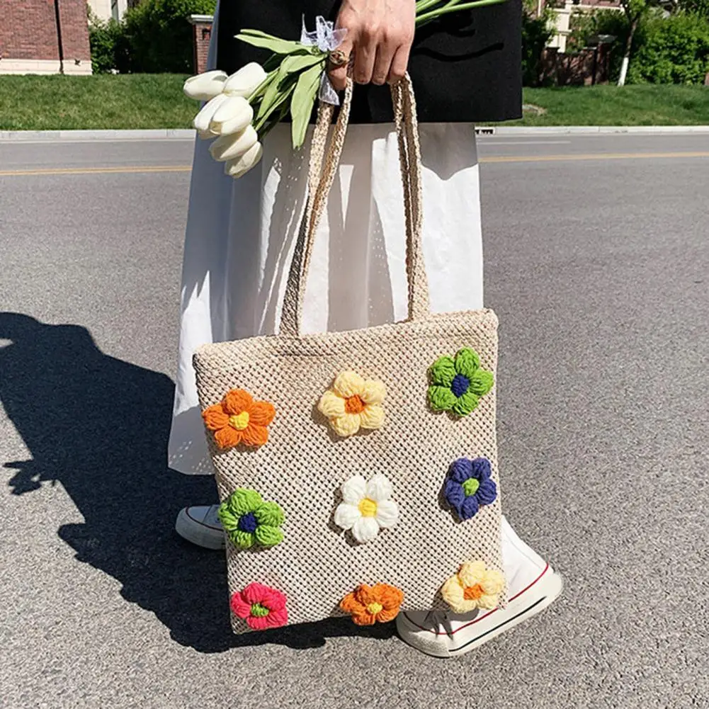 Bright Color Women Shoulder Bag Crochet Flower Large Capacity Women Handbag Hand Woven Colorful Hollow Out Tote Bag For Outdoor