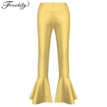 Kids Girls Shiny Metallic Flared Long Pants High Waist Ruffle Bell-bottom Pants Modern Jazz Disco Stage Performance Trousers