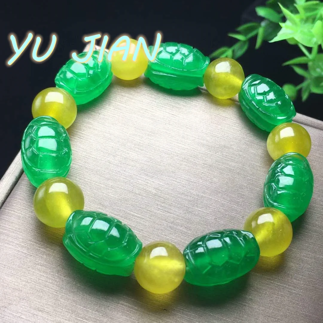 

Newest Hand Carved Thick Tortoise Ice Green Yellowness Jadeite Back Bracelet Exquisite Jade Handring Bangle Fine Jewelry