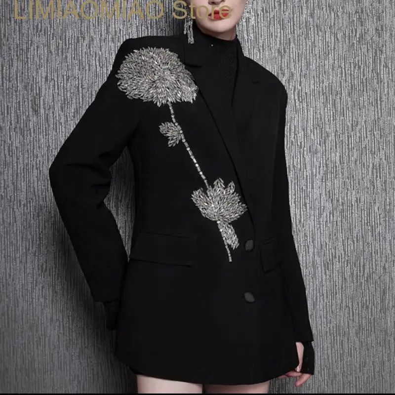 New Runway Style Stylish Handmade Crystal Flower Black Blazer For Women Fashion Female Loose Party Jacket Blazer Mujer De Moda