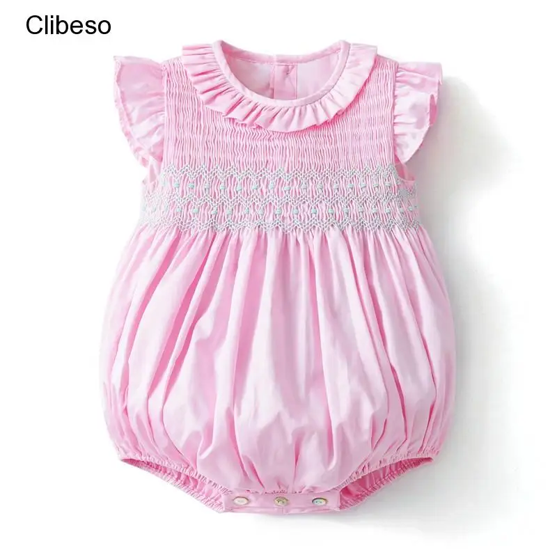2024NewBabyGirlSmockedRomperChildrenHandMadeSmokcingPinkBubblesRuffleCollarCotton
