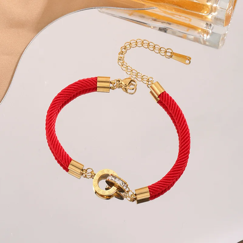 Stainless Steel Bracelets Roman Number Interlock Circle Braided Lucky Red Rope Fashion Charm Bracelet For Women Jewelry Gifts