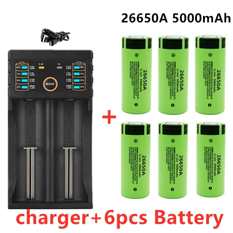 

100% New Original high quality 26650 battery 5000mAh 3.7V 50A lithium ion rechargeable battery for 26650A LED flashlight+charger