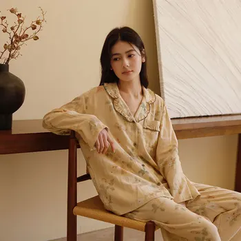 Vintage Floral V-neck 100%Cotton Comfortable Pajama Sets For Women Spring Autumn Delicate Long Sleeve Plus Nightshirts