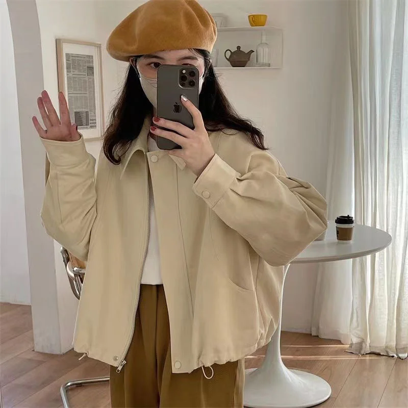2024 Early Spring New Solid Color Retro Lapel Loose Jacket Women Korean Loose and Versatile Hem Drawstring Short Women's Jacket