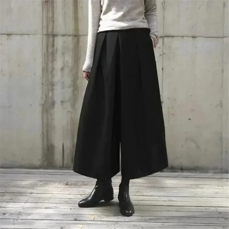 Autumn and Winter New Loose Wool Wide Leg Skirt Pants Women\'s High Waist Versatile Pleated Casual Pants Straight Leg Pants