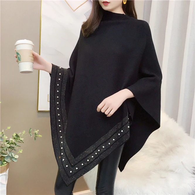 New Autumn Fashion Winter Diamonds Knit Wool Shawl Cloak Loose Plus Size Solid Woman Poncho Cape Pullover  Pearl Girl Black all season pure wool knitted shawl women s casual cashmere scarf white sweater women s folded wear cardigan shawl fashion scarf