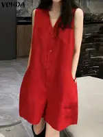 VONDA Women Short Jumpsuits Summer Sexy Sleeveless Rompers Casual Loose Fashion V Neck Pockets Solid Playsuits Party Overalls - Image 2