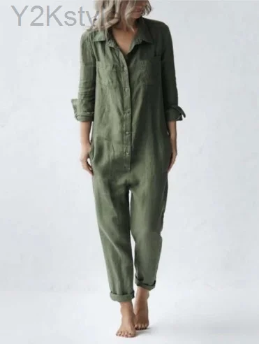 Cotton Jumpsuit Sexy Vintage Romper Long Pants Women Slim Bodycon Jumpsuits Long Sleeve Army Green Solid Casual Cargo Pants