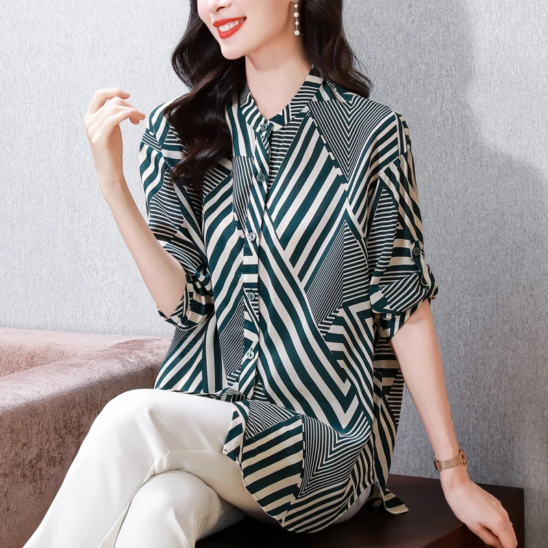 2024 Summer New Silk Double Crepe 3/4 Sleeve Shirt T-shirt Medium Long Stripe Elegant and Stylish Simple Loose Top for Women jones medium double бра
