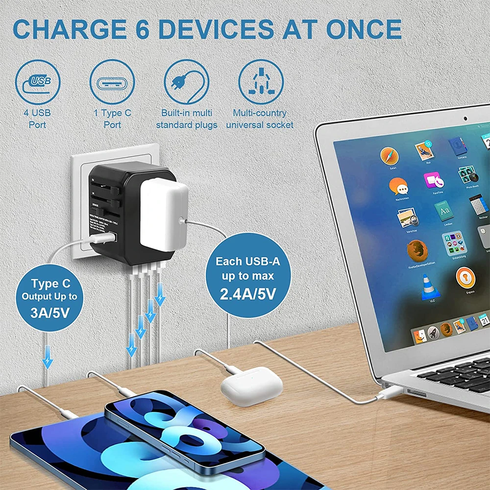 4USB Universal Travel adapter Type C universal power adapter for travel Plugs Converter for EU US UK AU travel charger