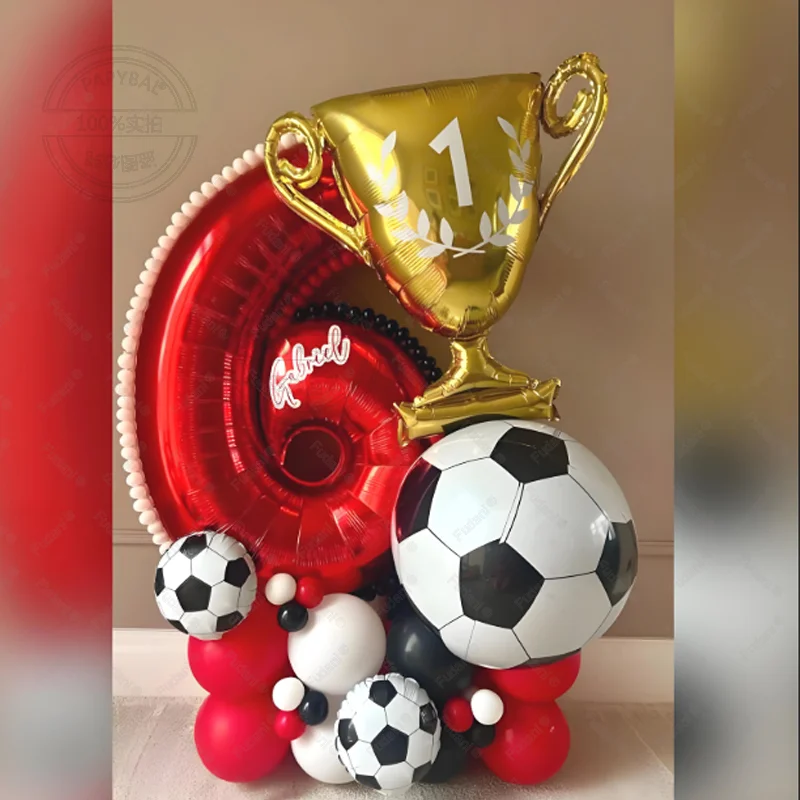 40-teiliges Sportthemen-Set mit goldenen Trophäen-Fußballballons, rote Zahlen 1-9, Geburtstagsballons, Partydekoration, Festzubehör – Detail 1