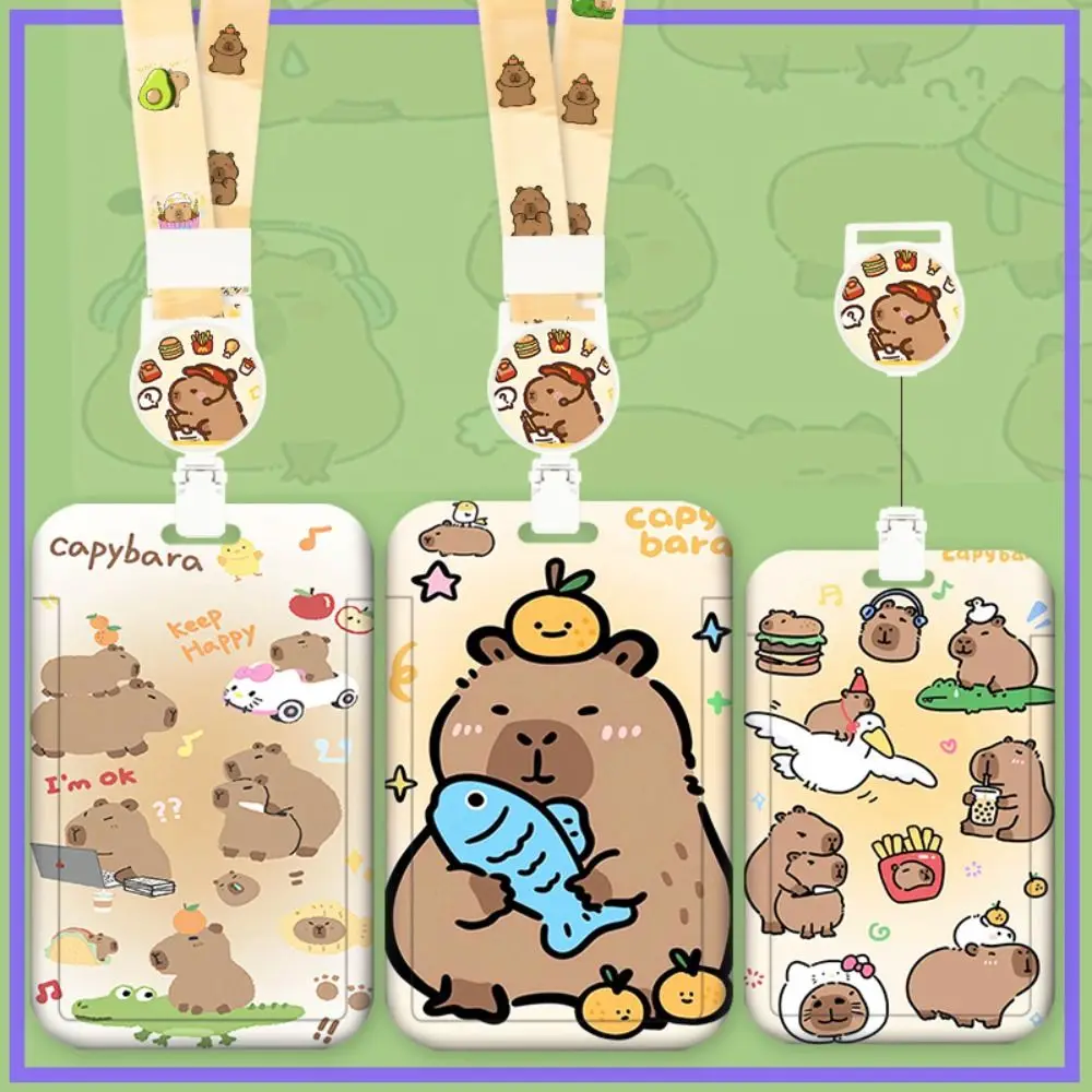 Cartoon Capybara Card Holder Bus Card Cover Case Business Card Holder Cute Credit Card Holders with Lanyard ID Holders Badge