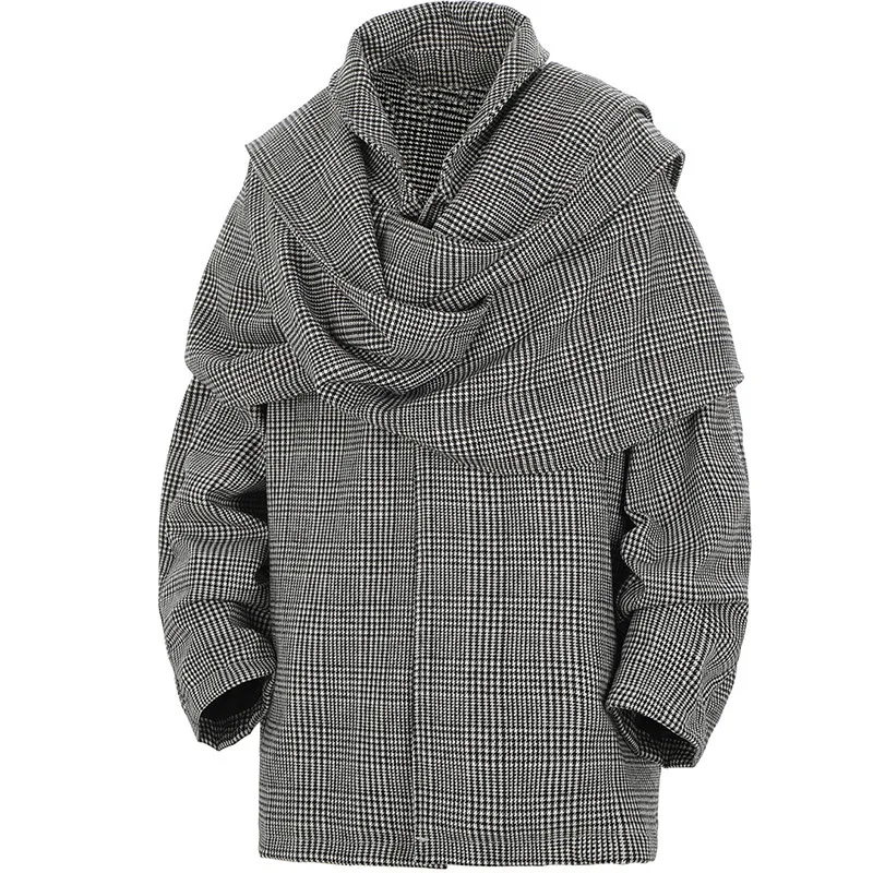 Autumn Winter Hip Hop Punk Scarf Collar Techwear Jacket Woolen Coat Men Vintage Casual Woolen Outerwear 5