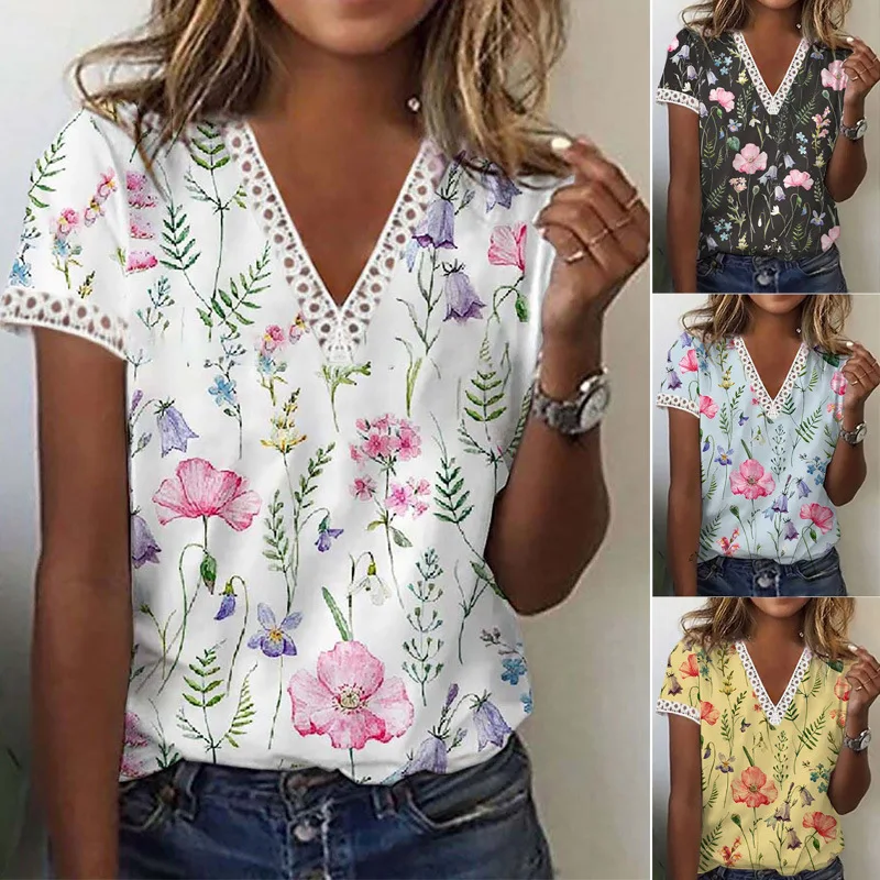 Summer New Women's T-Shirt Printed V-Neck Short-Sleeved T-Shirt Tops for Women'd Clothing
