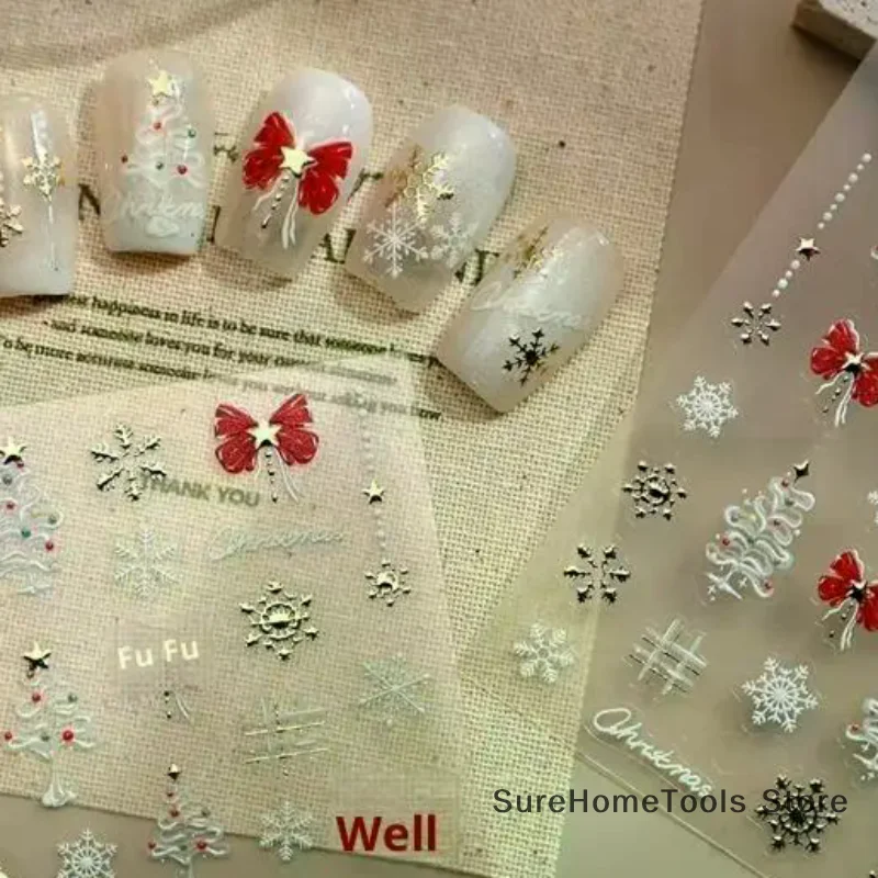 1sheet Cute DIY Christmas Embossed Nail Stickers - White Christmas Tree Snowflake Red Bow Prints, Festive 3D Manicure Decor