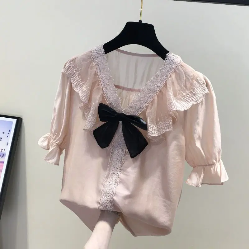 여성 프렌치 레이스 활 프릴 반팔 쉬폰 셔츠, 배를 가려주는 루즈핏 상의, 우아한 캐주얼, 여름 신상