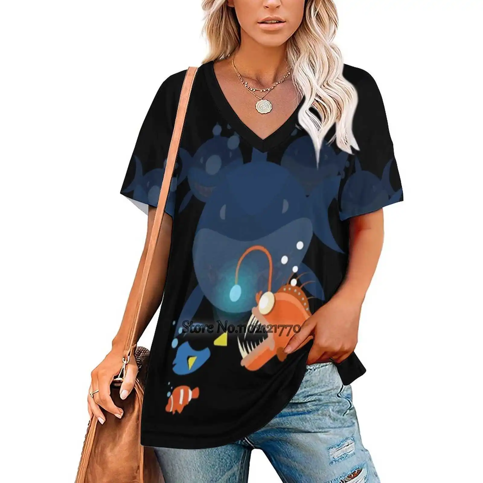 Nemo Dory And Cie. Woman Tshirts Printed Tops O-Neck Back Lacing Top Fashion Graphic T Shirt Nemo Dory Shark Fish Blue Sea