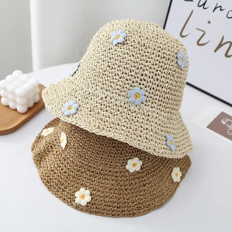 

Summer Sun Hat Women Straw Crochet Bucket Hat Women's Foldable Panama Cap UV Sun Cap Boho Flower Fishing