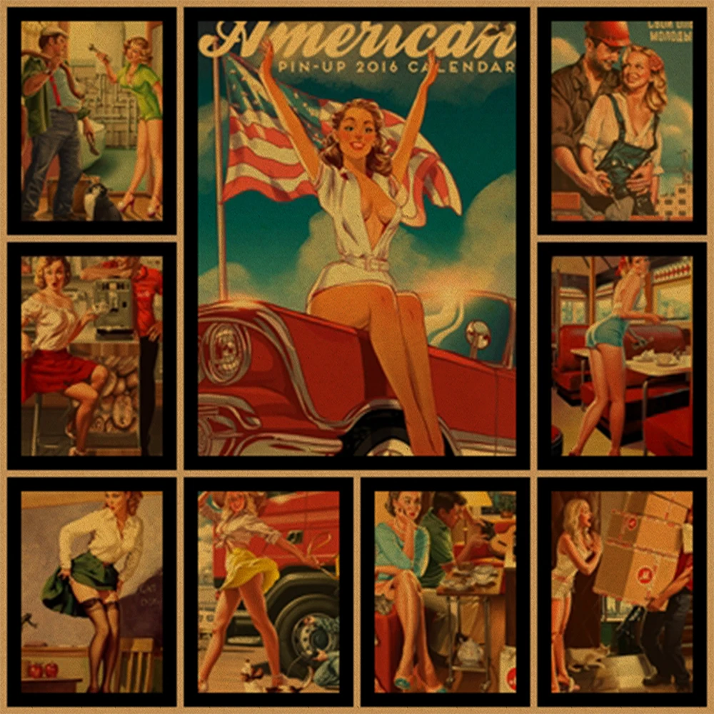World War Ii American Pin Girl Sexy Girl Retro Kraft Paper Poster Wall Painting Home Decoration