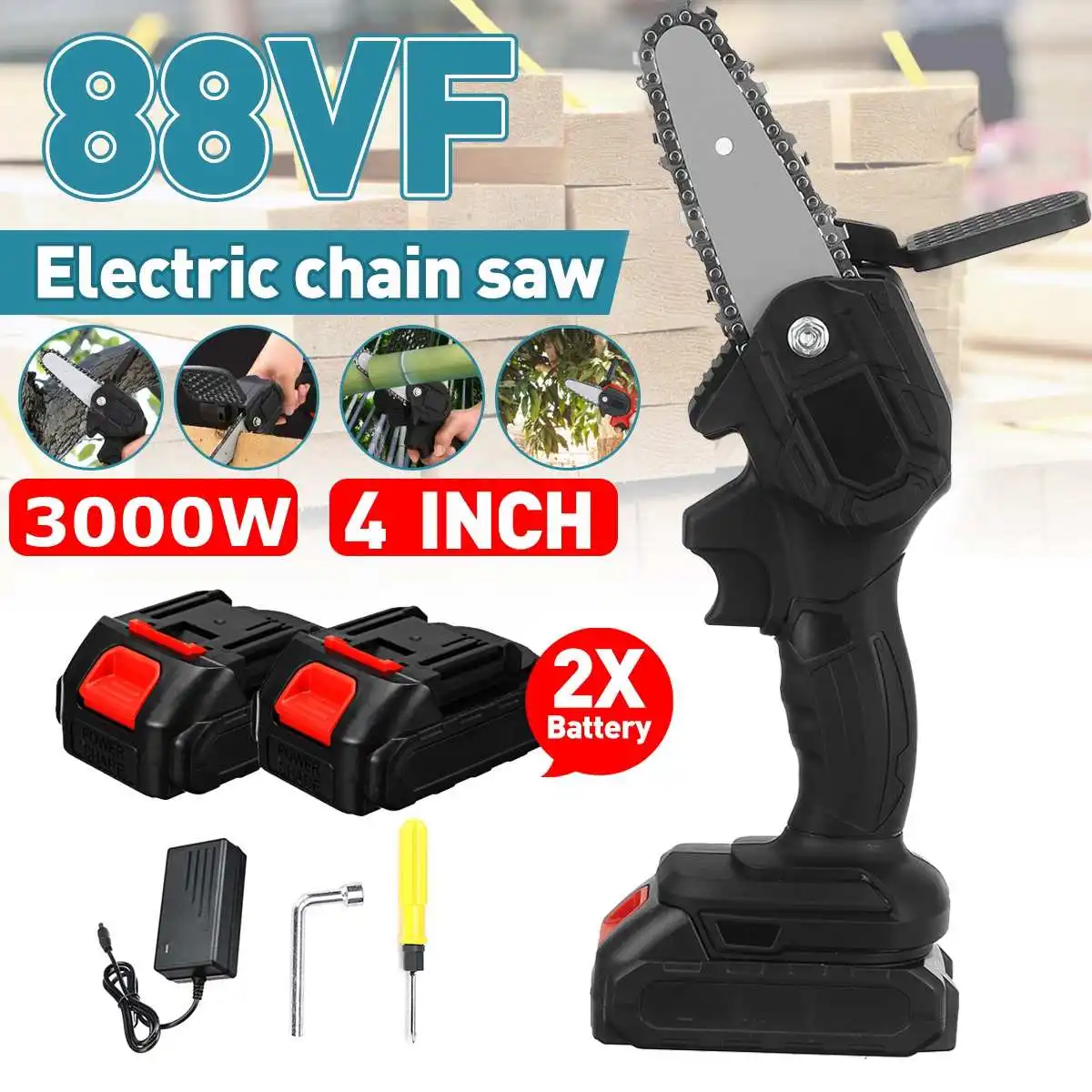 

88VF 3000W 4 inch Electric Chain Saw Wood Cutting Pruning ChainSaw Cordless Garden Tree Logging Saw for Makita 18V Battery