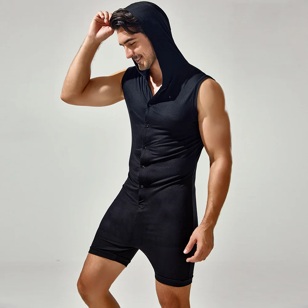 

Men Short Jumpsuit Tight Sleeveless Bodysuit Sports Hooded Rompers Fashions Short Pants Casual Home Wear Tracksuit Pajamas 2024