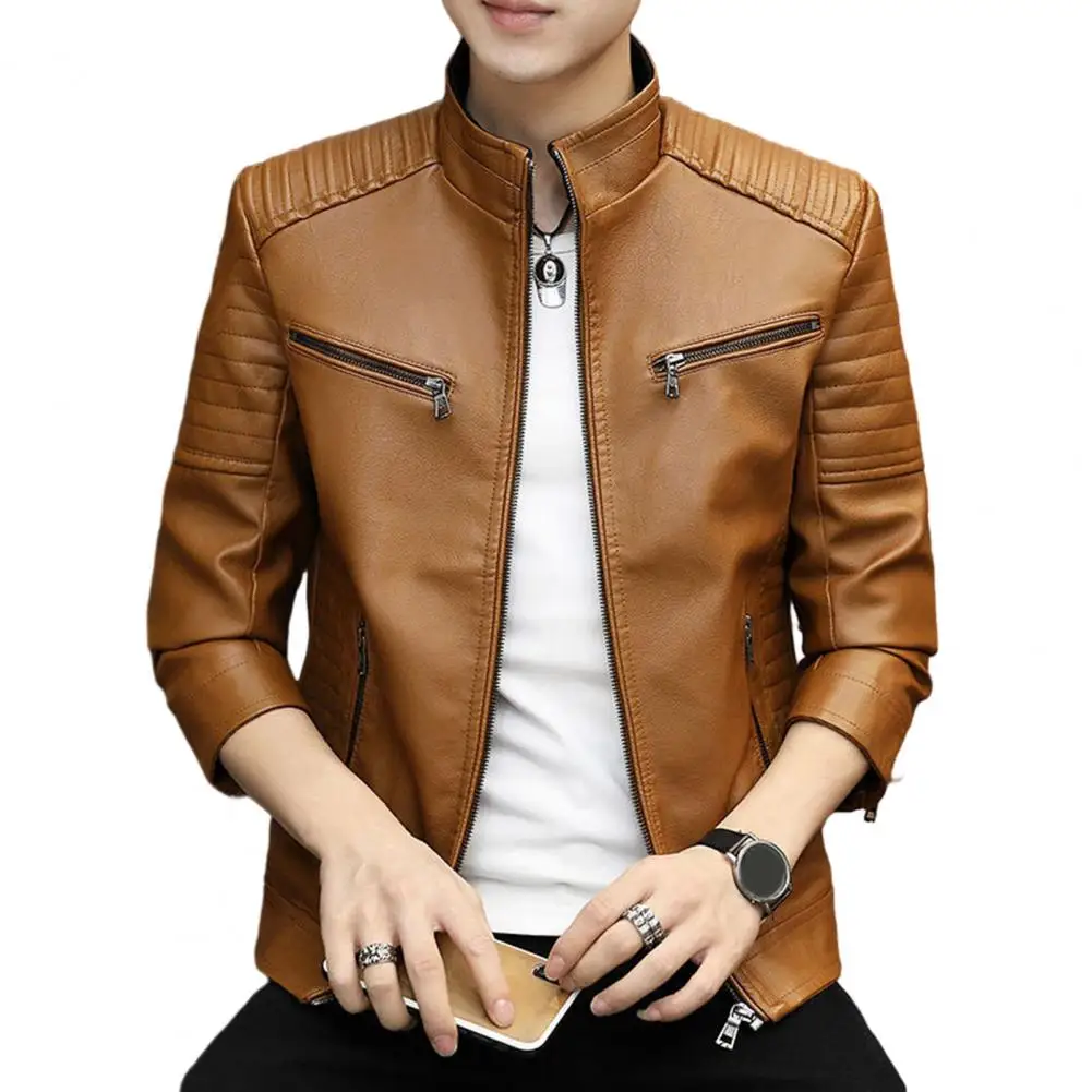 Mens Motorcycle Leather Jacket Slim Fit Short-Coat Lapel PU Jackets Autumn New Zipper Stand Windproof Leather Coat Mens Clothing
