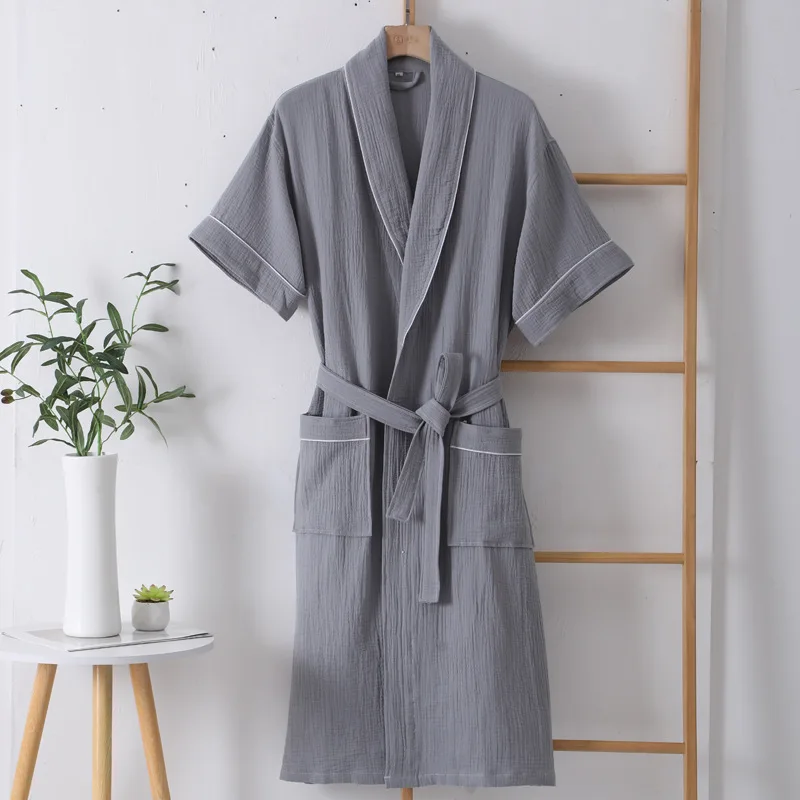 Summer Thin Cotton Bathrobe Double Layer Gauze Short Sleeve Nightgown for Men and Women Absorbing and Quick Drying Bathrobe cotton bathrobe