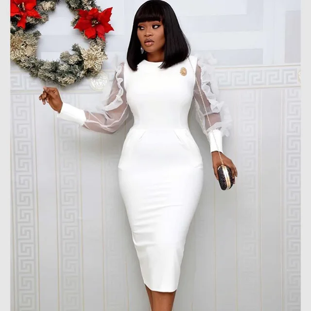White Sheer Bodycon Dress Elegant Women 