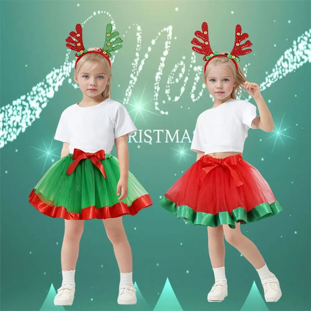 With Antler Headband Christmas TUTU Skirt Set for Kids 2-Piece Set Mesh Christmas Party Performance Outfit