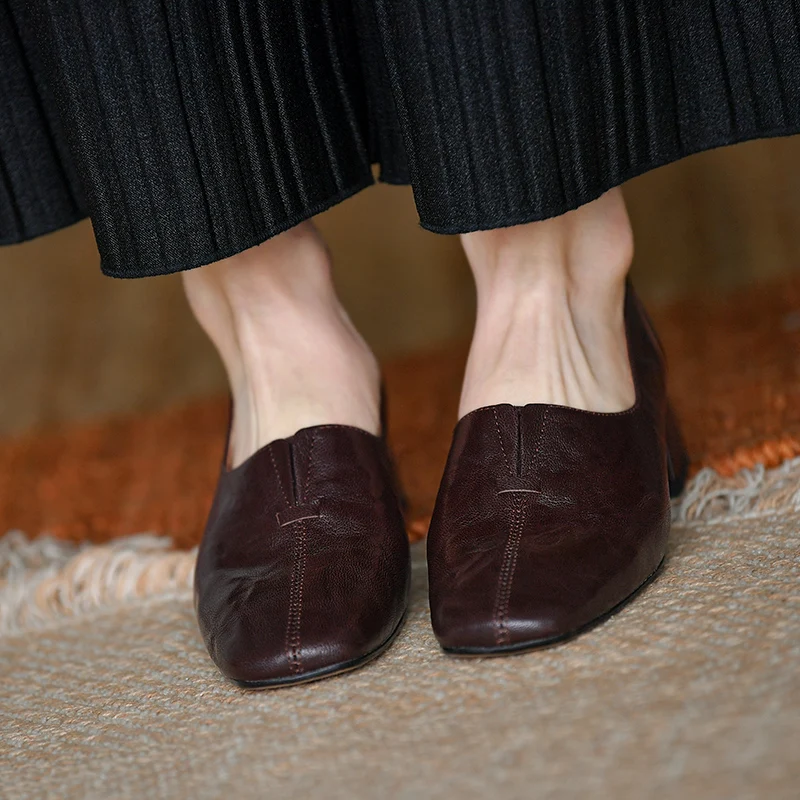 

Women Shoes Slip-On Lady Pumps Dress Prom Career Shoes Real Leather Square Toe Footwear Spring Sheepskin Med Heel Daily Loafers