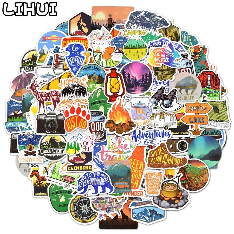 10/50/100pcs Outdoor Camping Travel Stickers DIY Luggage Laptop Helmet Motor Bike Car Climbing Landscape Waterproof Sticker Toys