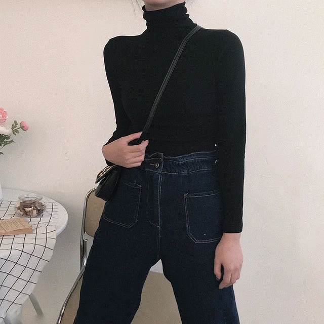 Spring Long Sleeve Turtleneck Tops Slim Knitted Bottoming T Shirt Korean Fashion Sweater Harajuku Pullover Women Clothing Jumper Black