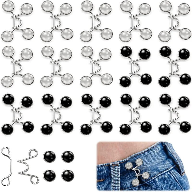 

16 Pack Adjustable Waist Buckle Extender Set Adjustable Waist With Metal Buttons (White & Black)