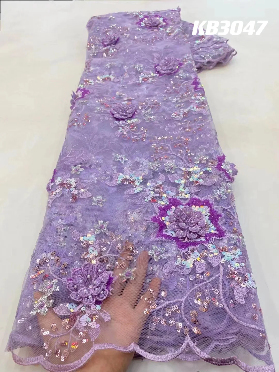 

Beaded Lace Fabric Lilac 3d Flower Fabric Lace With Pearl High Quality Lace Fabric For Wedding 2023 Beads Lace For Sewing KB3047