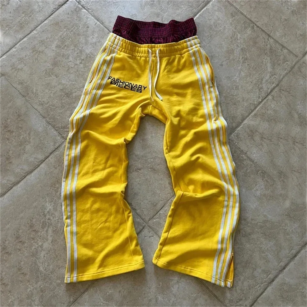 Yellow Double Waist Sweatpants Wide Leg Striped Baggy Streetwear Y2K Mens S-XXL
