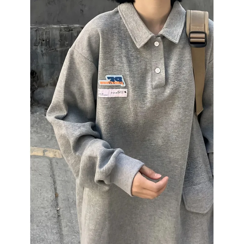 

Preppy Style Grey Sweatshirt Women Harajuku Vintage Polo Long Sleeve Tshirt Oversize Korean Streetwear Kpop Tops Female