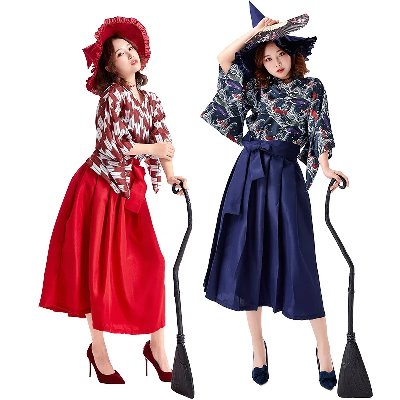 

Adult Women Japanese Kimono Print Top Skirt Belt Set Halloween Cosplay Costumes Role Play Outfit