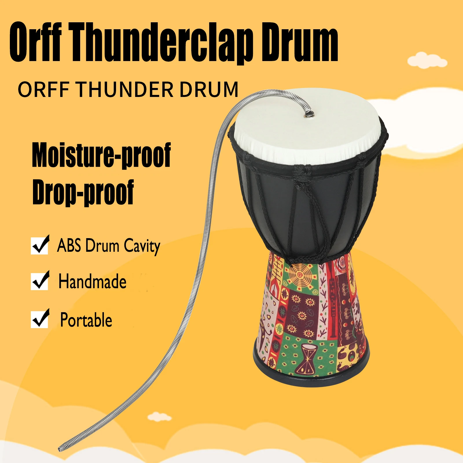 Orff Thunderclap Drum Tambourine Hand Pull Thunder Drum Handmade Percussion Musical Instrument Portable Beginner Durable