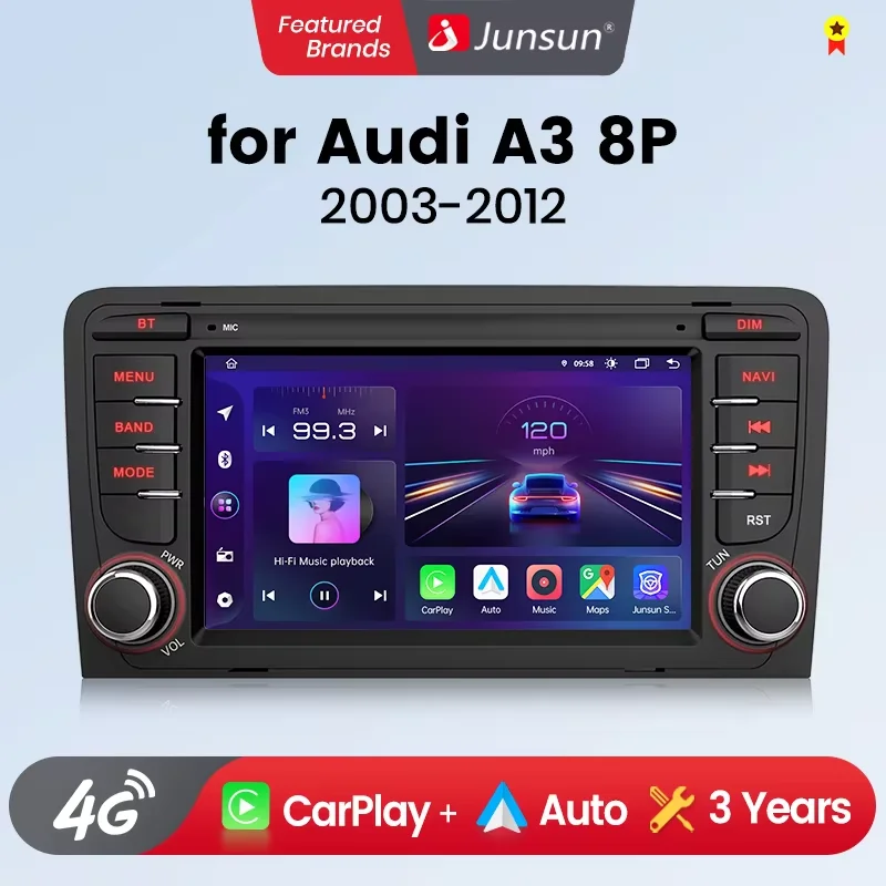 Junsun Radio para Auto con CarPlay Inalámbrico de 7 Pulgadas para Apple y Android Auto, para Audi A3 8P S3 RS3 2003-2012, Navegación GPS, SWC, Bluetooth, FM, RDS, DSP, Pantalla Táctil IPS, Sistemas Inteligentes para Auto, Voz AI, 4G, WiFi, 8 Núcleos, Plug&Play, Unidad Principal 1