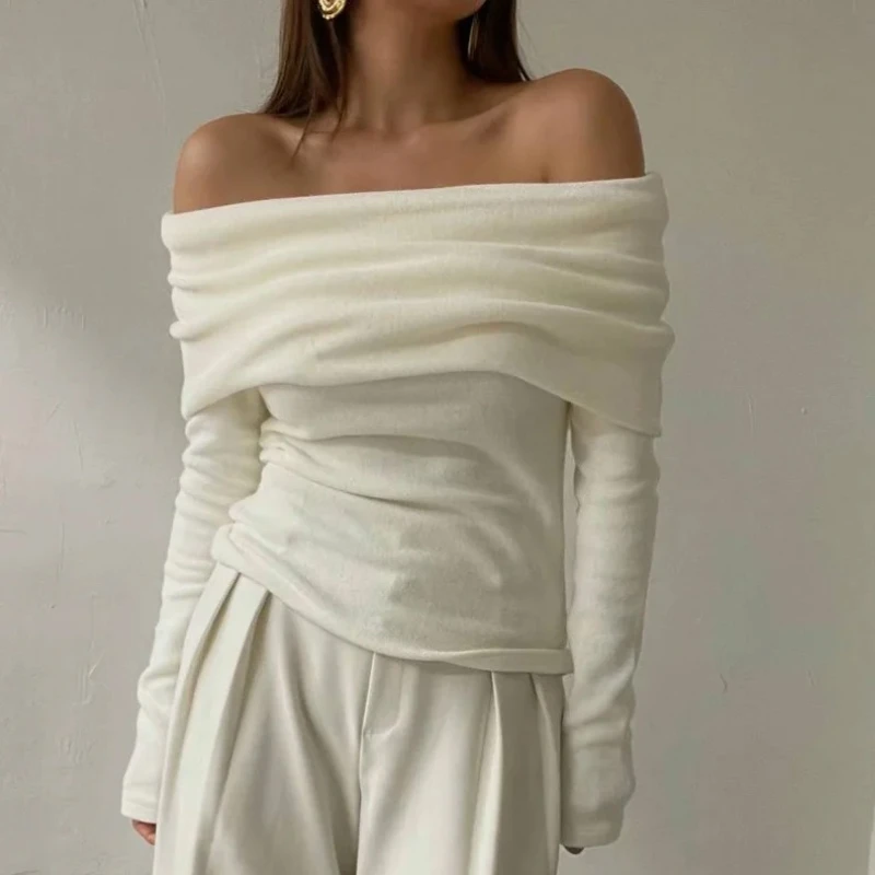 New Large Lapel One-word Shoulder Off-the-shoulder Long-sleeved Knitted Sweater Elegant Retro Casual Solid Color Pullovers