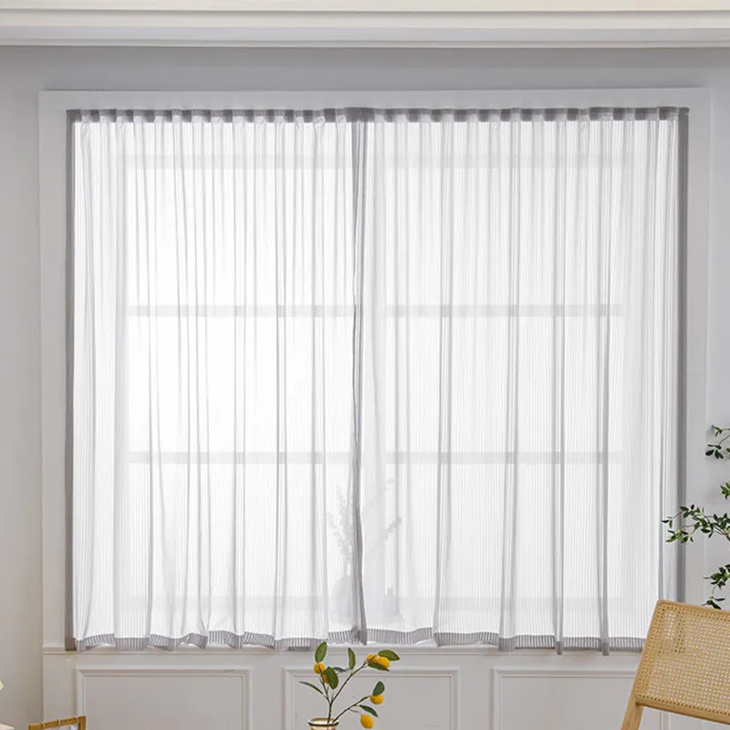 Modern Curtain Panel Semi Sheer House Decorations Window Drapes Magic Strap Punch-Free Curtains for Living Room & Bedroom TJ6557