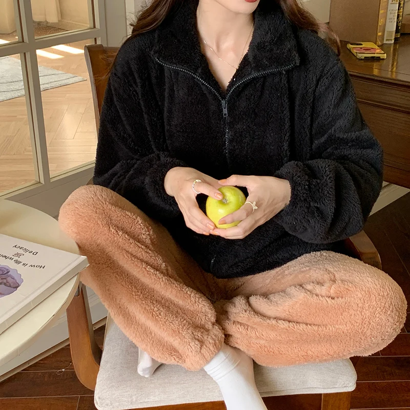 Winter New Sleepwear Women's Long Plush High Neck Zipper Long Sleeve Pants Cartoon Cute Warm Coral Plush Large Home Fur Set
