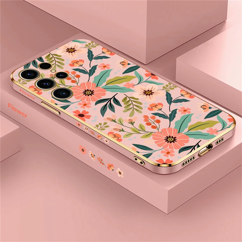 Luxury Plating Shockproof Floral Phone Case – Elegant Flowers Pattern Back Cover Coque