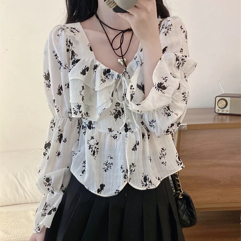 Floral Chiffon Blouse Women Ruffles Square Collar Lace-up Flare Sleeve Office Lady Short Tops Fashion Daily Basics Blusas Mujer