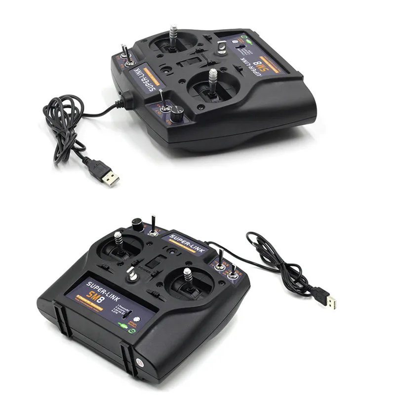 Détail des molettes et interrupteurs du simulateur RC Superlink SM8 8CH pour drone et hélicoptère