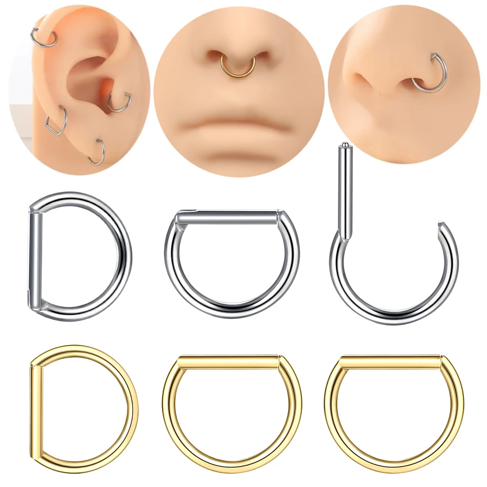 G23 Titanium Piercing D Shape Segment Ring Clicker Ear Cartilage Tragus Helix Lip Nose Hoop Half Ring Jewelry 16G 8/10/12/14mm