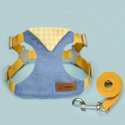 Dog Denim No - Pull Adjustable Harness and Leash Set - Breathable Outdoor Pet Vest - M (YELLOW)