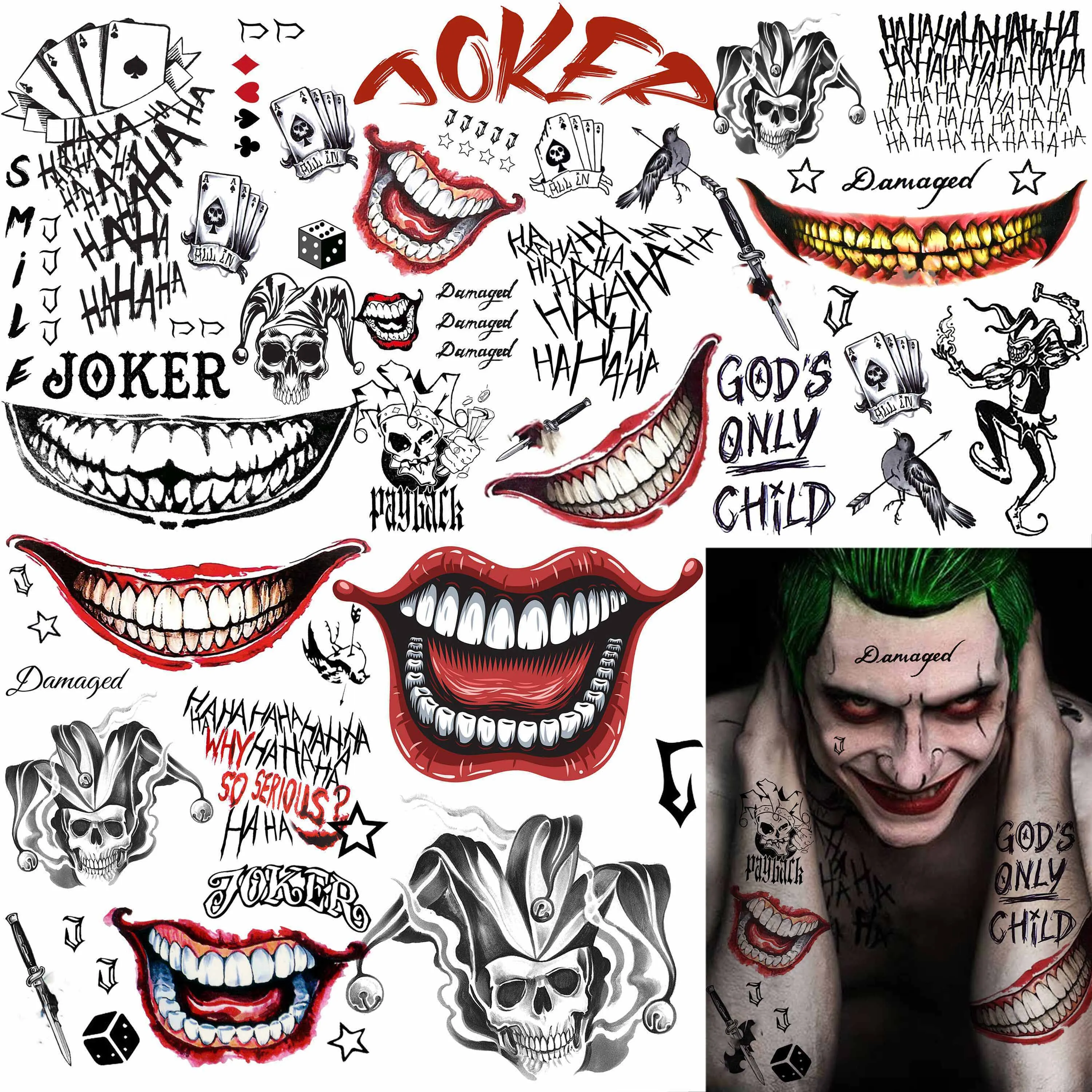 5 Sheets Crazy Joker Halloween Tattoos Evil Skull Clown Big Mouth Laugh Temporary Tattoo Men Women Adults